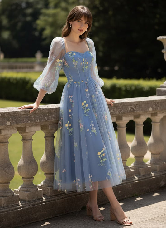 Blue 1930s Floral Embroidered Mesh Long Sleeve Dress Blue