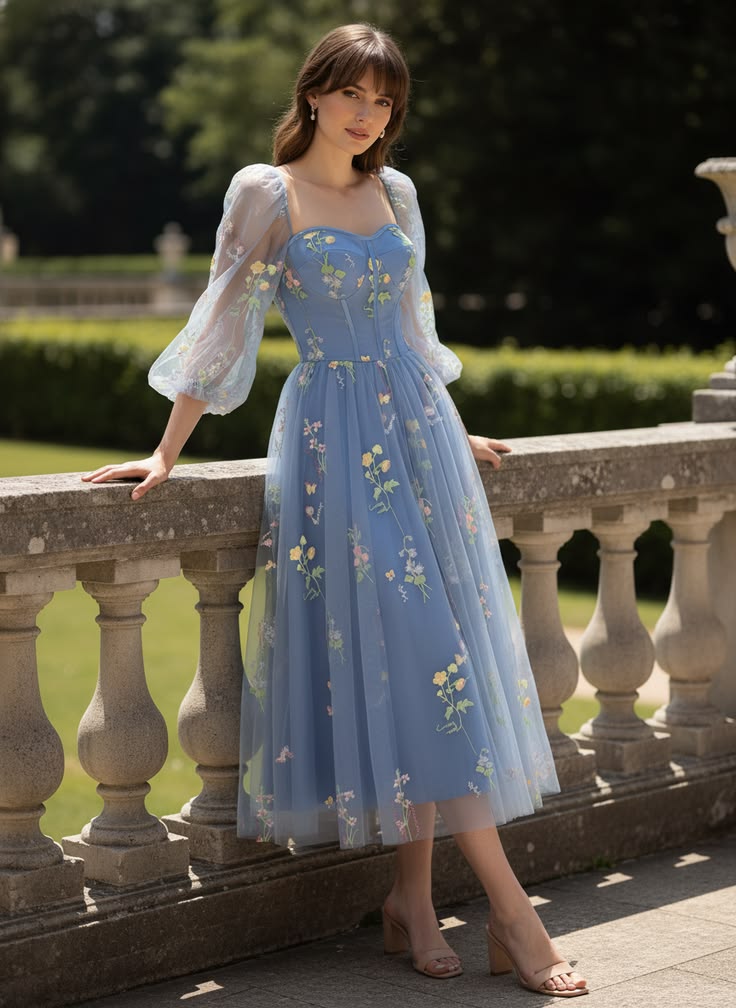 Blue 1930s Floral Embroidered Mesh Long Sleeve Dress Blue