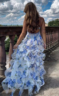 Blue Classic Floral Prom Dress Long Prom Gown 22th Birthday Outfit