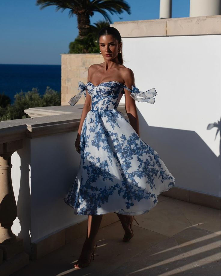 Blue Floral Midi Dress Wedding Guest Dress Summer Outfit Aesthetic