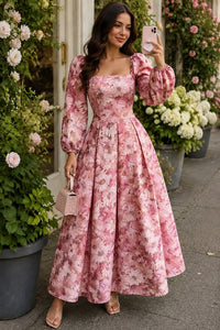 Blue Floral Pattern Long Dress With 3D Floral Details And Bubble