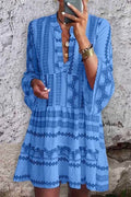 Blue Print Flared Sleeve Stand Collar Dress