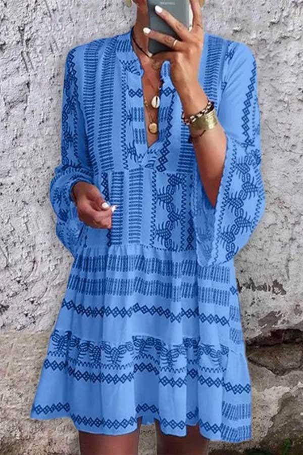 Blue Print Flared Sleeve Stand Collar Dress