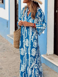 Blue Printed Notched Half Sleeve Maxi Dress