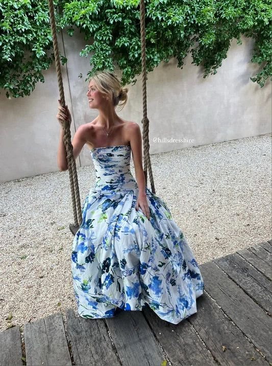 Blue Strapless Print Floral Long Prom Dress Evening Gown