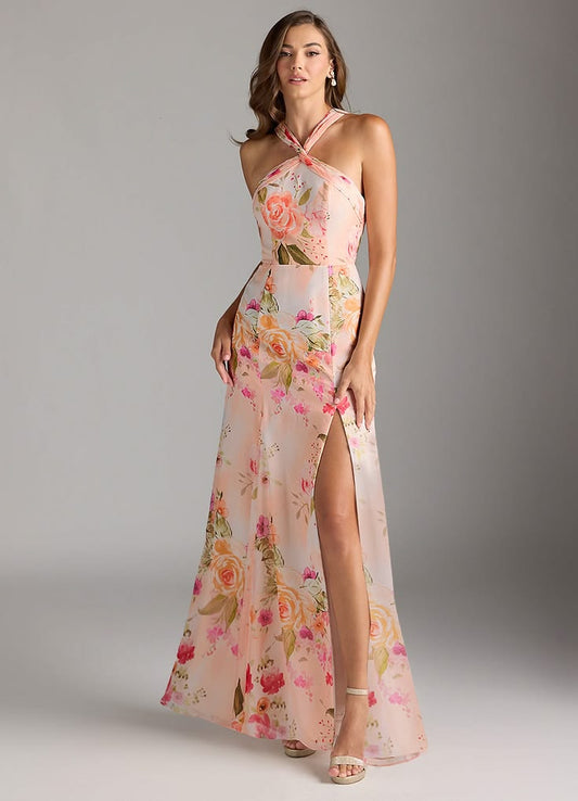 Blush A Line Halter Neck Floor Length Chiffon Bridesmaid Dress