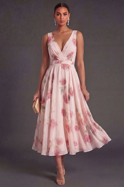 Blush Floral A Line V Neck Long Summer Wedding Guest Dress