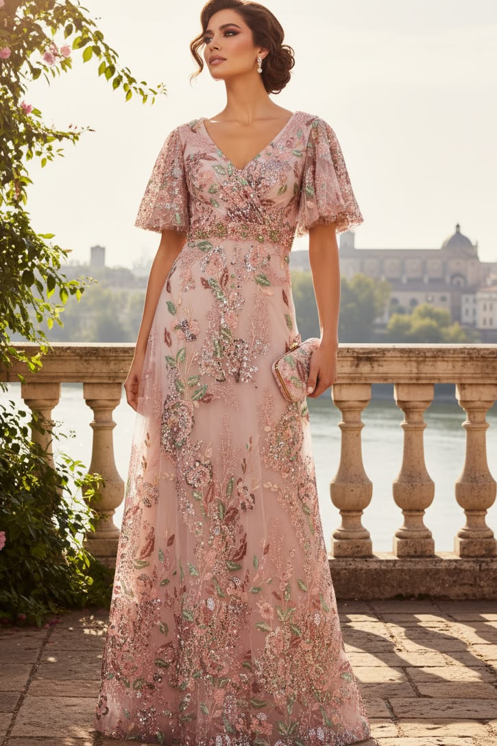 Blush Floral Embellished Short Sleeves Floor Length Mother Of The