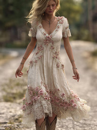 Bohemian Pink Floral Vintage White Linen Vintage Lace V Neck Short