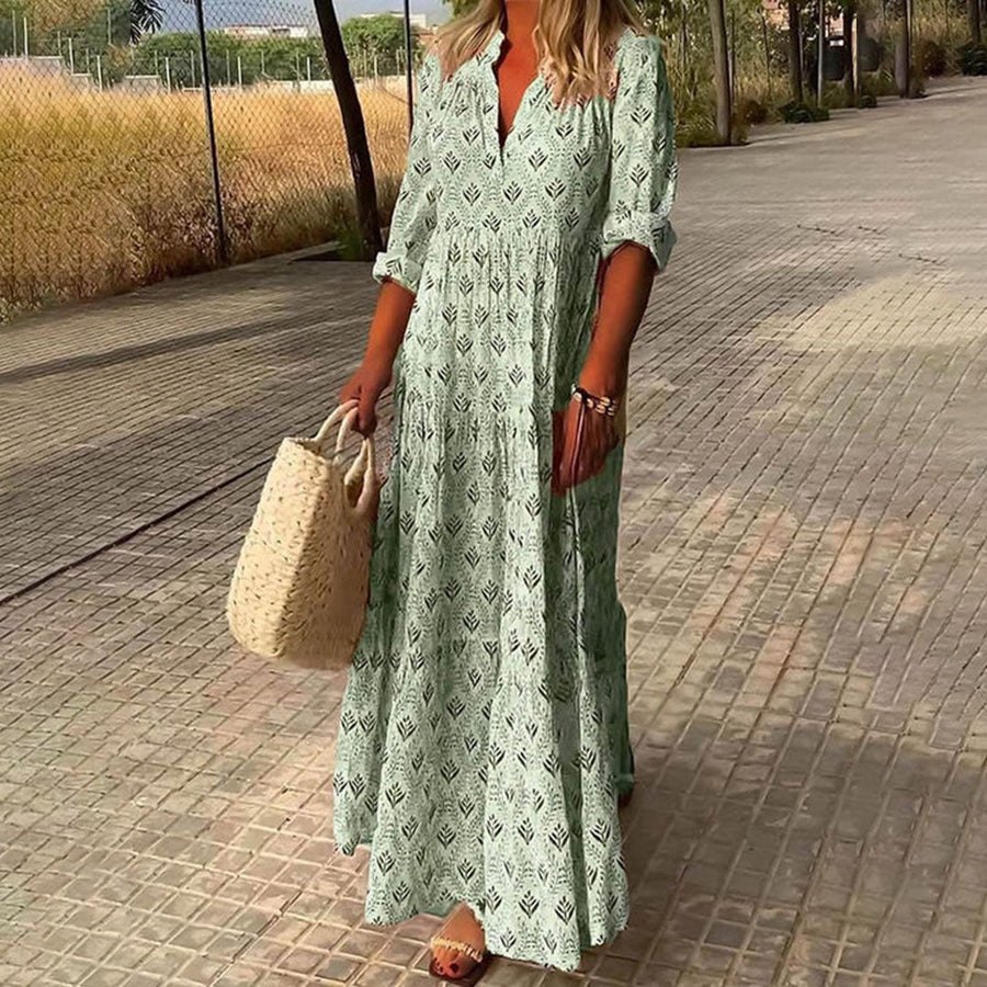 Harper | Boho Maxi Dress V-Neck Long Sleeve Printed Light Green
