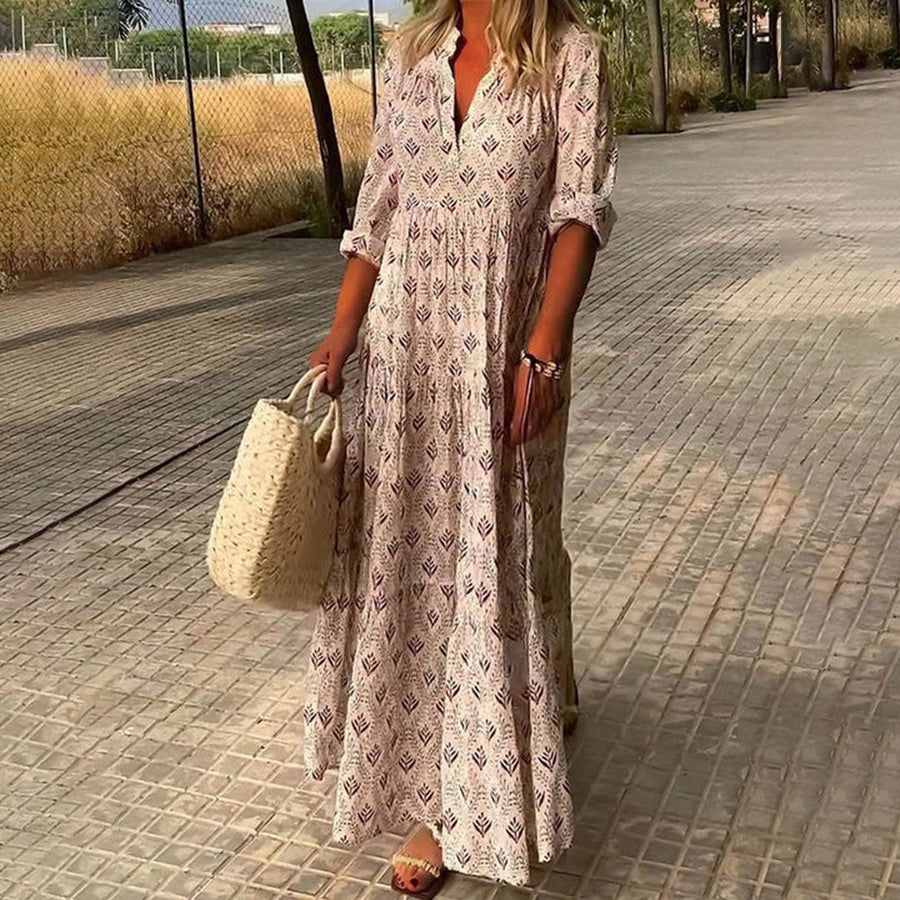 Harper | Boho Maxi Dress V-Neck Long Sleeve Printed Pink
