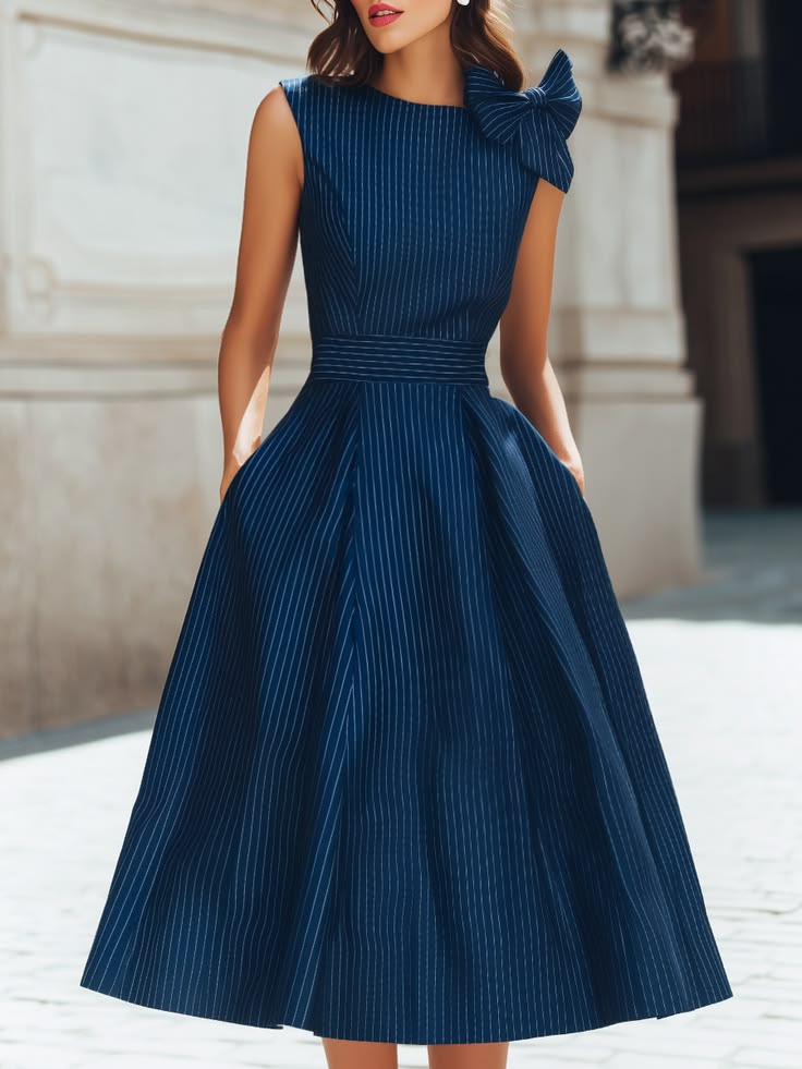 Bow Shoulder Pinstripe A Line Midi Dress Dark Blue S(4 6)