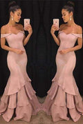 Pink Off-The-Shoulder Tiered Mermaid Prom Dress