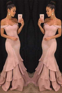 Bridelily Pink Off The Shoulder Mermaid Prom Dress 2019 Tiered Simple