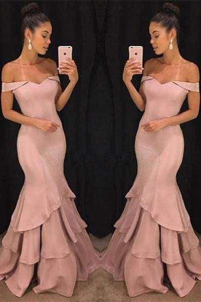 Bridelily Pink Off The Shoulder Mermaid Prom Dress 2019 Tiered Simple