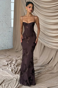 Brown 3D Applique Bone Pad Tie Back Solid Prom Dress