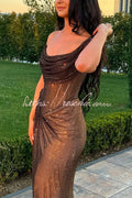 Brown Glitzy Gala Glitter Fabric One Shoulder Ruched Slit Maxi Dress