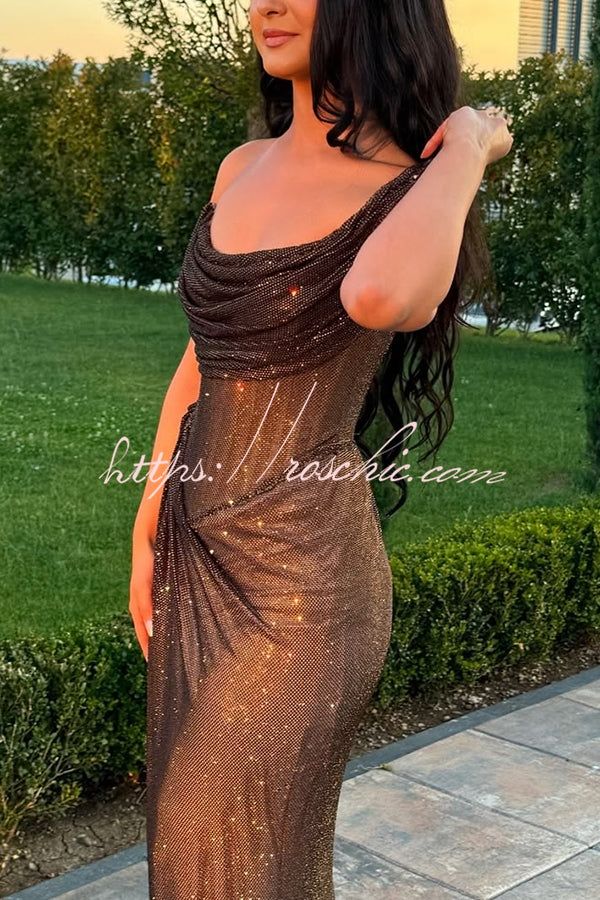 Brown Glitzy Gala Glitter Fabric One Shoulder Ruched Slit Maxi Dress