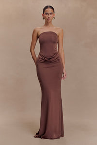 Brown Madison Strapless Slinky Maxi Dress Chocolate