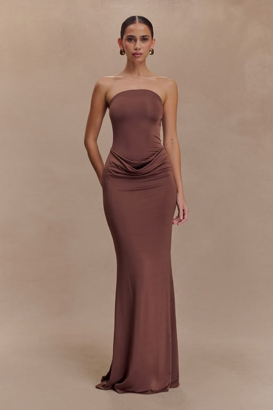 Brown Madison Strapless Slinky Maxi Dress Chocolate