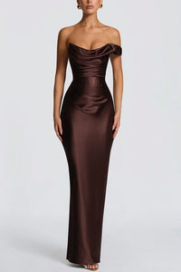 Brown Thalassa Satin One Shoulder Scooped Neck Bias Cut Pleated Maxi