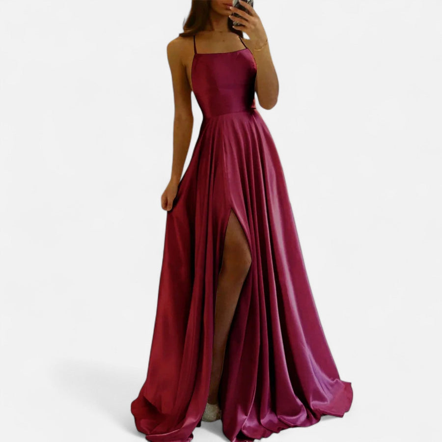 Margaret | Womens Modern Fit Satin Slit Maxi Dress Burgundy