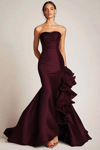 Burgundy Cabernet Satin Mermaid Long Strapless Formal Dress With