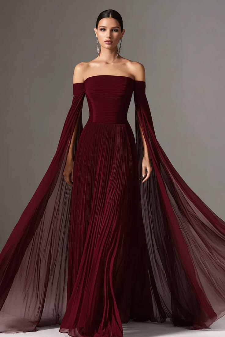 Burgundy Chiffon Off The Shoulder Pleated Long Formal Dress With Cape
