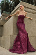 Burgundy Raffia Strapless Fit And Flare Gown