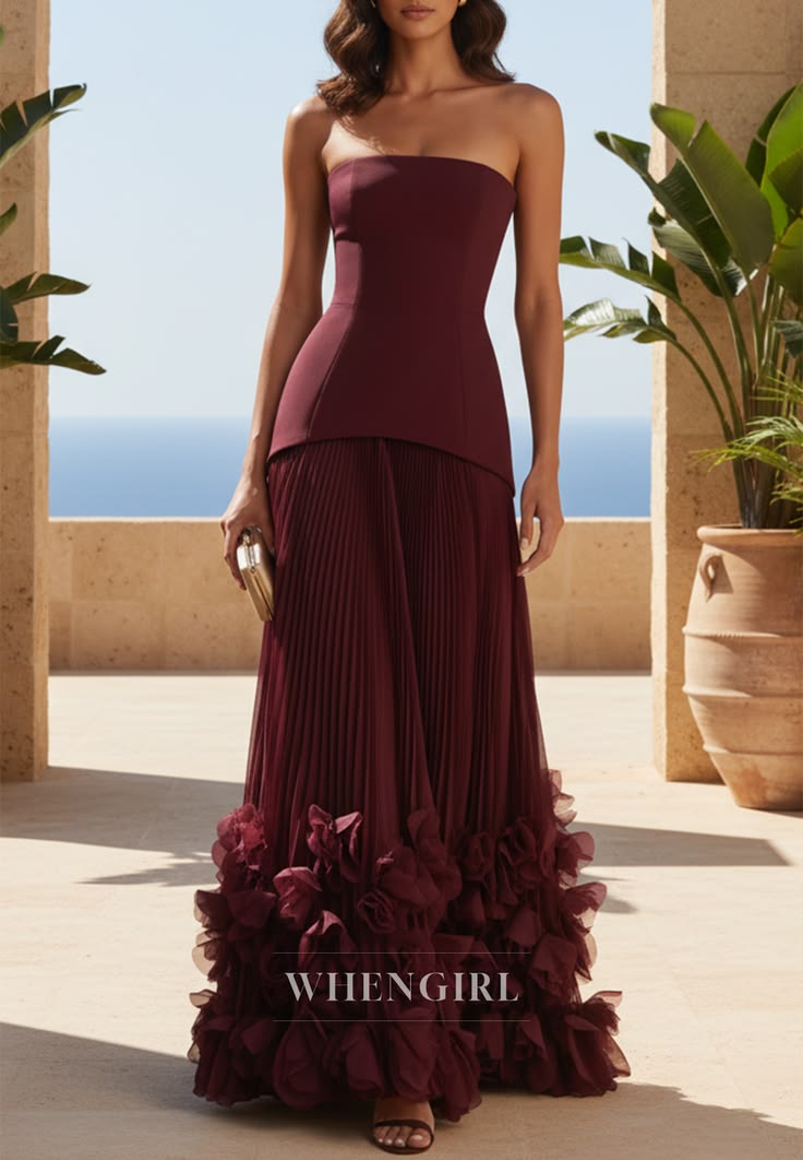 Burgundy Strapless Pleated Ruffled Hem A Line Formal Evening Dress