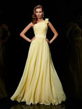 Butter Classy Sleeveless One Shoulders Hand Made Flower Long Chiffon