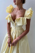 Butter Ruffle Striped Square Collar Midi Dress