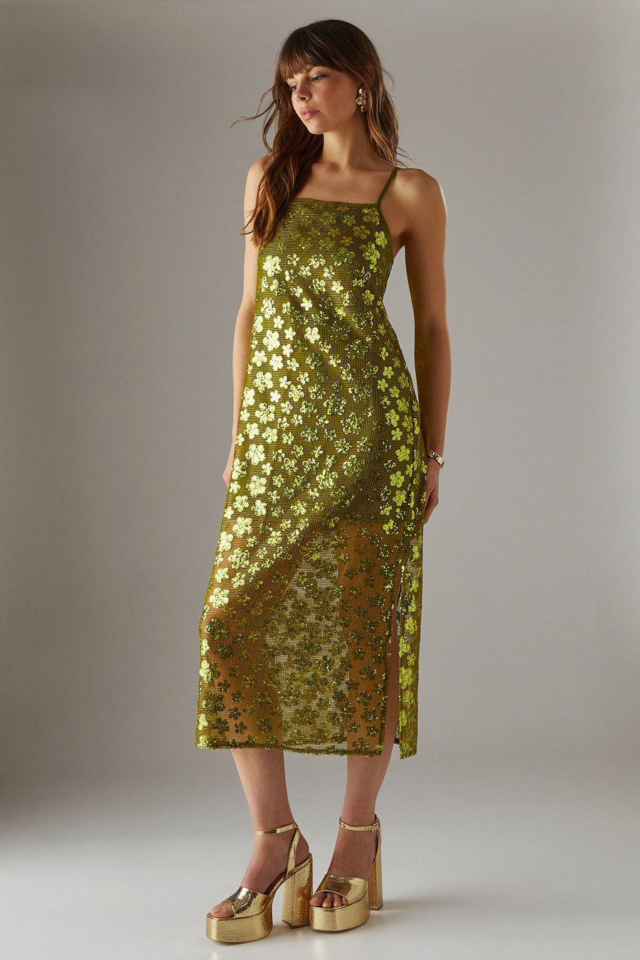 Sequin Mesh Strappy Midi Dress