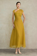 Women's Perla A Line Asymmetric Neck Silk Ankle Length Dress S M L XL