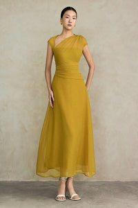 Women's Perla A Line Asymmetric Neck Silk Ankle Length Dress S M L XL