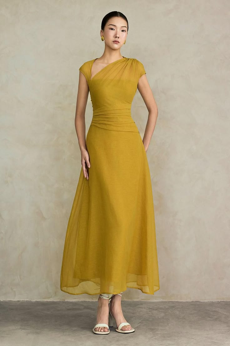 Women's Perla A Line Asymmetric Neck Silk Ankle Length Dress S M L XL