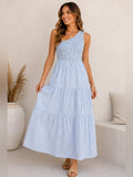 Btfbm Dress Btfbm Blue White Striped One Shoulder Smocked Maxi Dress