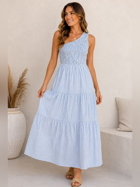 Btfbm Dress Btfbm Blue White Striped One Shoulder Smocked Maxi Dress