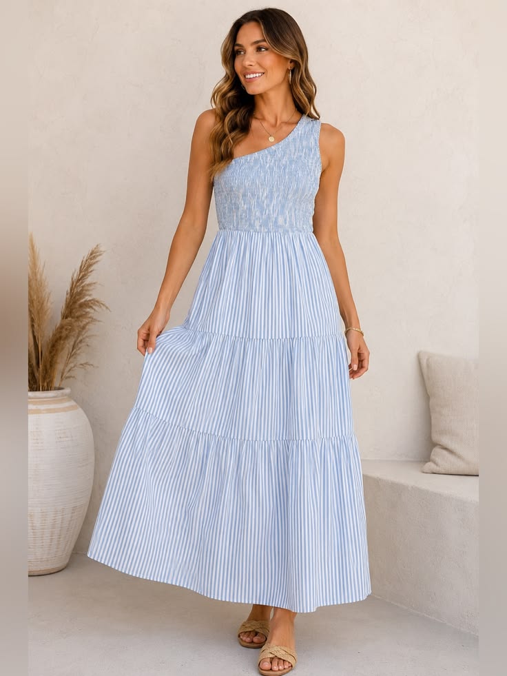 Btfbm Dress Btfbm Blue White Striped One Shoulder Smocked Maxi Dress