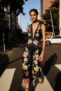Farm Rio Dark Blue Floral Midi Dress Maira Floral Dark Blue