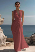 Women White Chiffon Sheath Long Rehearsal Dinner Dress V Neck Ruched