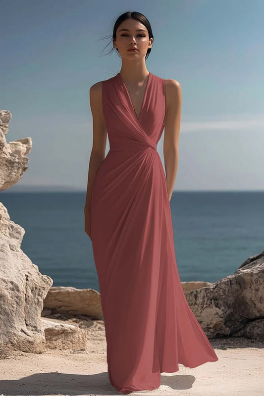 Women White Chiffon Sheath Long Rehearsal Dinner Dress V Neck Ruched