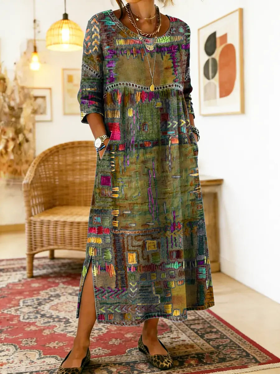 Zinnia - Printed Dress with Ethnic Patchwork