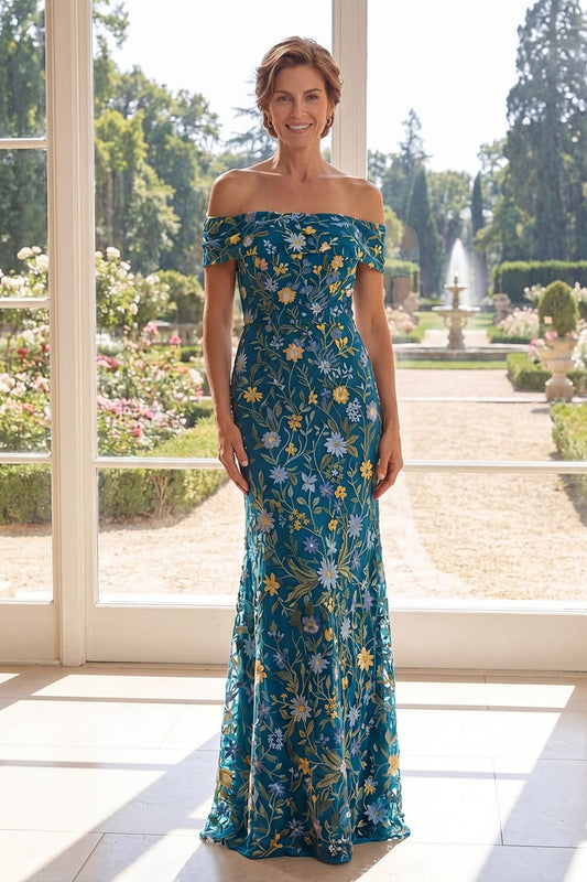 Mermaid Long Off The Shoulder Green Floral Mother Of The Bride Dress