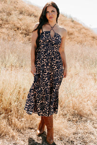 Purpose Driven Printed Halter Midi Dress (Navy Clay) Small