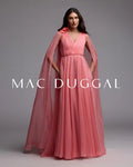 Pink Chiffon V Neck Gown With Cape Sleeves
