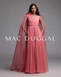 Pink Chiffon V Neck Gown With Cape Sleeves