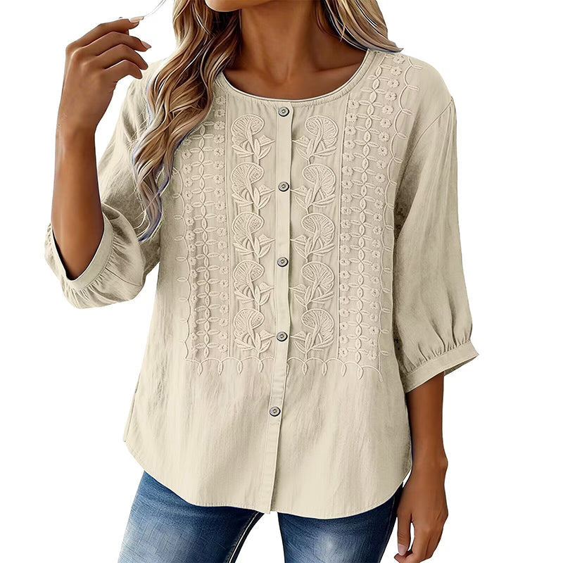 Sarah - Embroidered Cotton and Linen Blouse