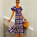 Floral Shirred Dress Color: Blue White Size: S