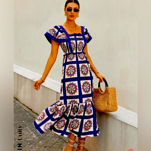 Floral Shirred Dress Color: Blue White Size: S